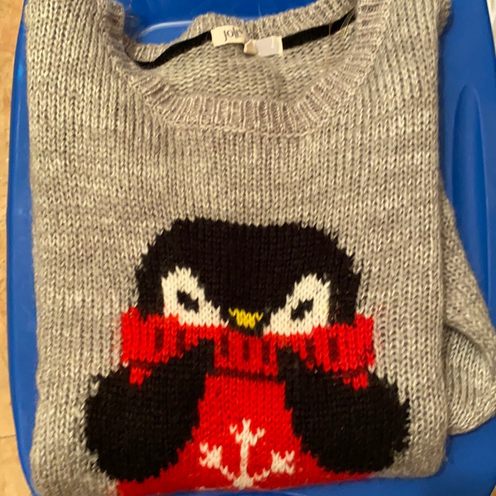 Gray winter sweater with cute penguin
